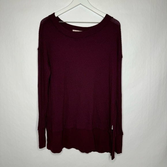 Free People We The Free Maroon Waffle Thermal Long Sleeve Top - Picture 2 of 4